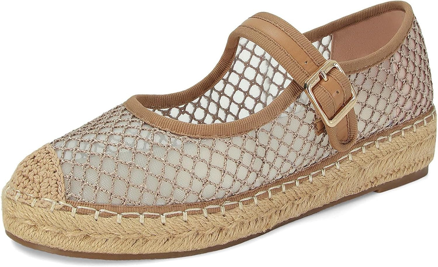 Platform Mary Jane Flats for Women Mesh Comfort Woven Raffia Espadrilles Flats Summer Dressy Buckle Strap Ballerina Flats | Amazon (US)