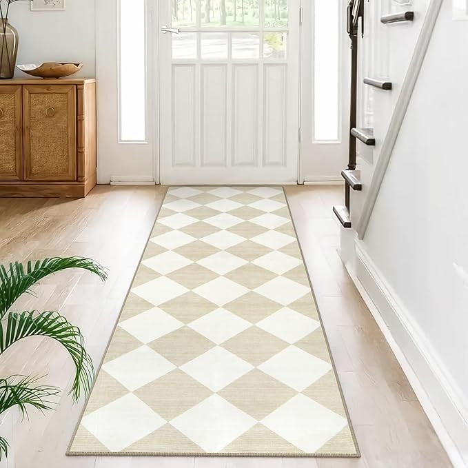 Beeiva Checkered Long Hallway Runner Rug Non Slip, Beige Soft 2.5x10 Washable Runner Rug, Morocca... | Amazon (US)