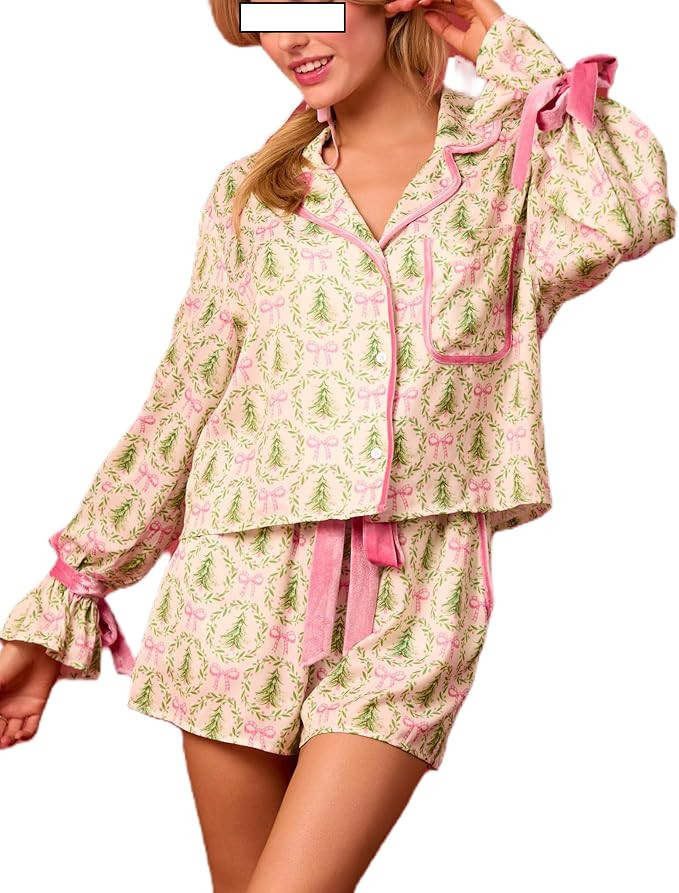 Seyurigaoka Christmas Pajamas Shorts Set for Women Y2k Cute Bow Tie Pjs Button Up Top+Ruffle Shor... | Amazon (US)