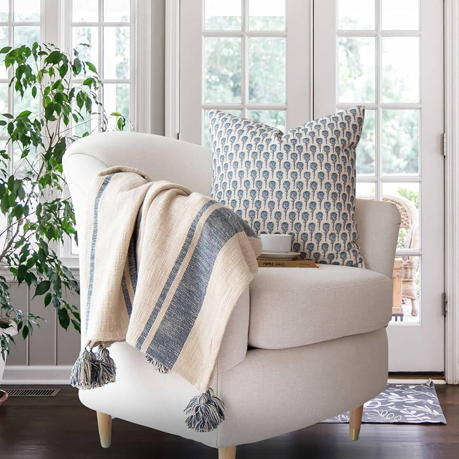 Tajik Home Rebecca Grainsack Stripe Throw Blanket – 50x60 Oat, 100% Cotton with Tassels, Vintag... | Amazon (US)