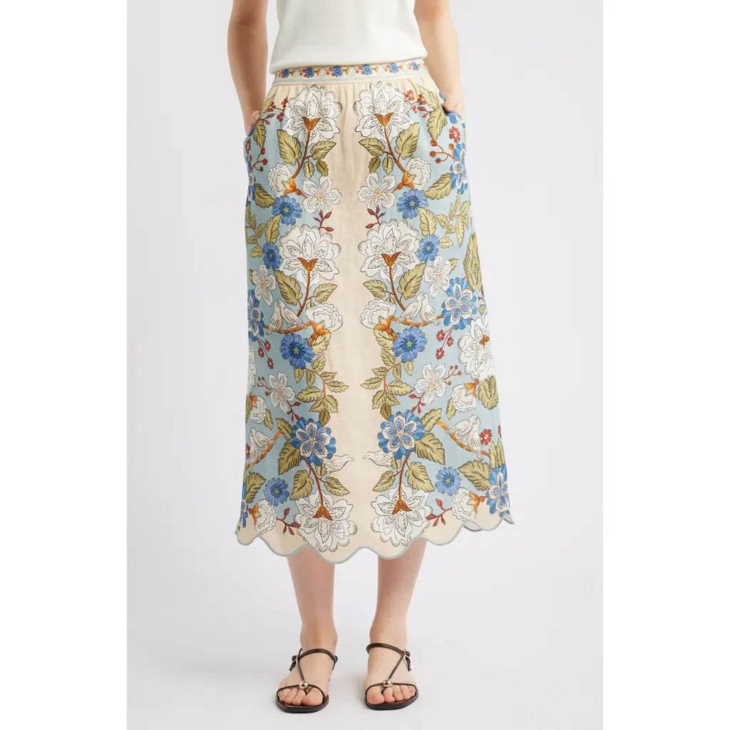FARM Rio Garden Scarf Print Linen Midi Skirt in Garden Scarf Blue at Nordstrom, Size Medium | Nordstrom