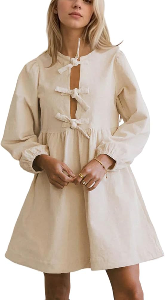 Women Corduroy Long Puff Sleeve Bow Tie Front Peplum Mini Dress A Line Ruffle Short Dress Cute Fl... | Amazon (US)