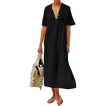 R.Vivimos Womens Summer Cotton Flowy Maxi Dress Short Sleeve V Neck Empire Waist Boho Tiered Ruff... | Amazon (US)