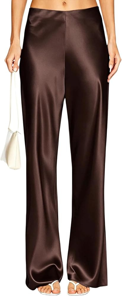 Women's Satin Wide Leg Dress Pants Hidden Elasticized Waistband Silk Casual Long Flowy Loose Trou... | Amazon (US)