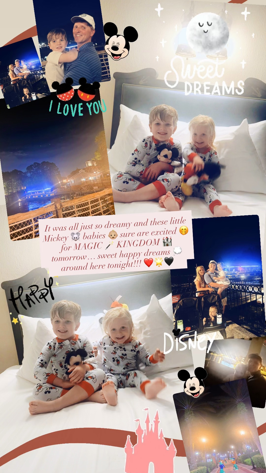 It was all just so dreamy and these little Mickey 🐭 babies 👶🏼 sure are excited 🤭 for MAGIC 🪄 KINGDOM 🏰 tomorrow… sweet happy dreams 💭 around here tonight!!! ❤️🌟🖤