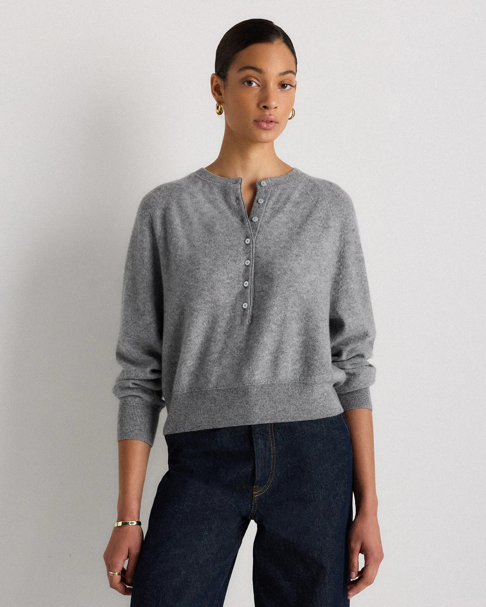 100% Mongolian Cashmere Dolman Sleeve Henley Sweater in Heather Grey | Quince
