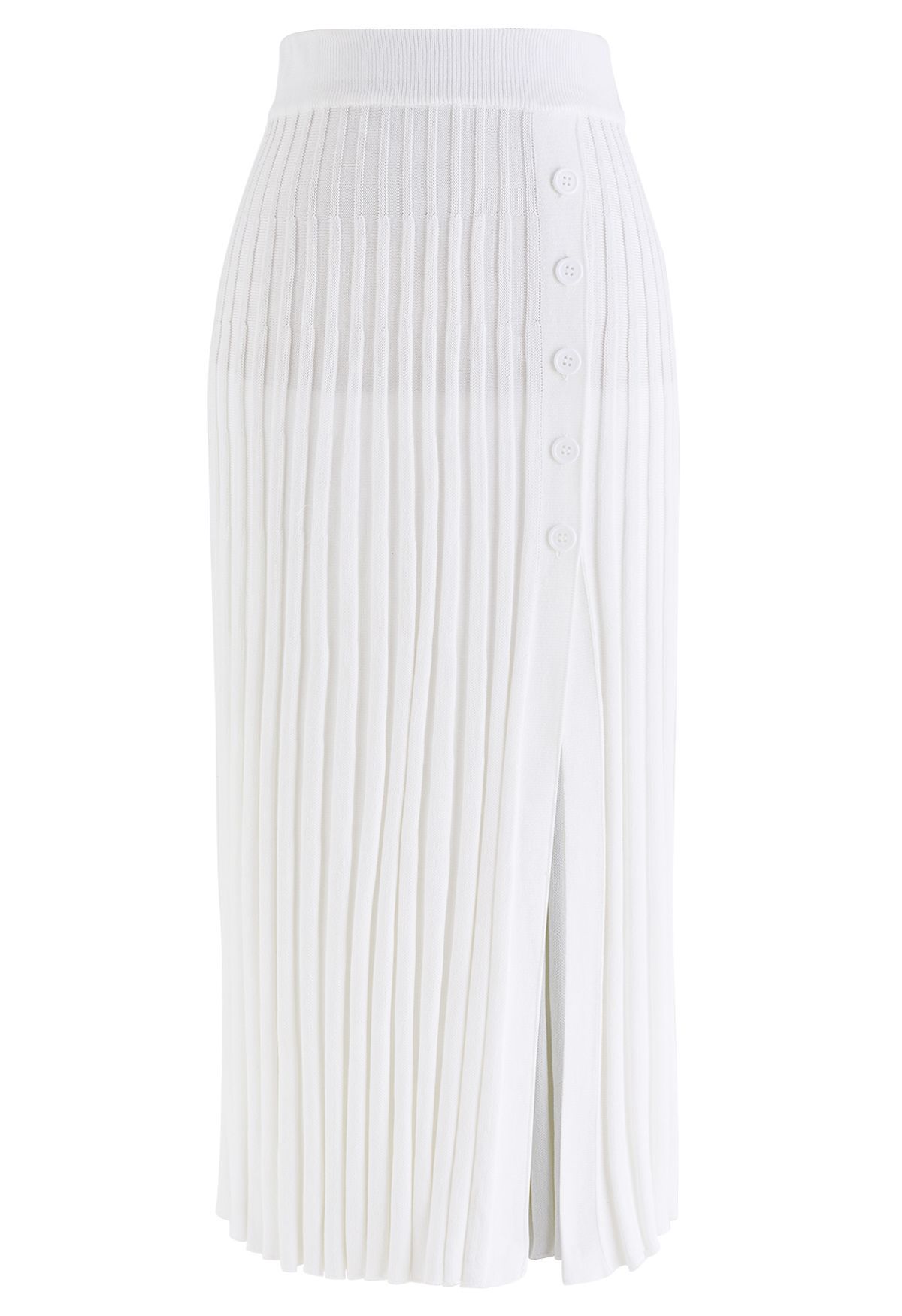 Buttoned Front Slit Rib Knit Skirt in White | Chicwish