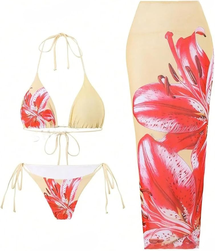 ZAFUL Womens 3pcs Swimsuit Floral Halter Triangle Bikini Top Tie Side Bottom with Long Sheer Cove... | Amazon (US)