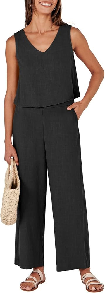 ANRABESS Women's 2 Piece Outfits Summer Sleeveless Tank Crop Button Back Top Wide Leg Pants Linen... | Amazon (US)