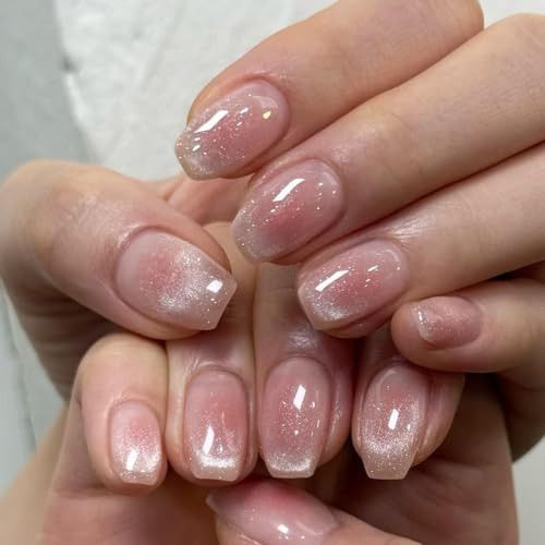 KQueenest French Cat Eye Press On Nails Short, 30 Pcs Glitter Gentle Blush Pink Press On Nails Square, Sparkly Fake Nails With Glue, Chrome Nails Press ons, Reusable Stick on Nail for Women Gift | Amazon (US)