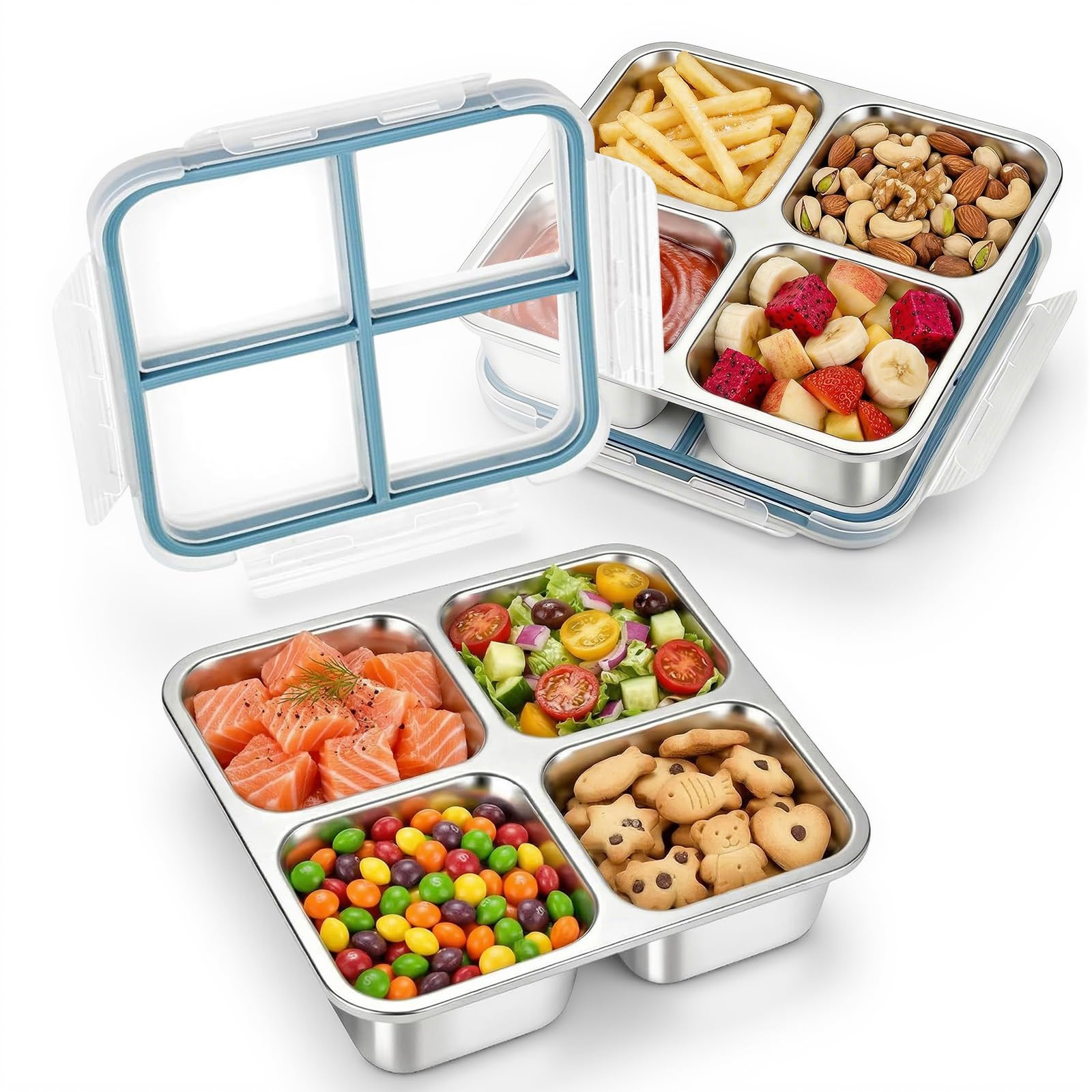 2-Pack Stainless Steel Snack Containers with Lid, 24 Oz 4 Compartment Reusable Snack Box Small Me... | Amazon (US)