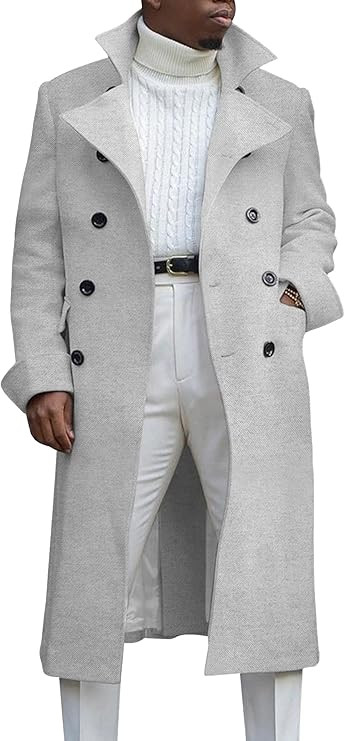 Ebifin Men's Notch Lapel Double Breasted Long Trench Coat Casual Cotton Blend Peacoat | Amazon (US)