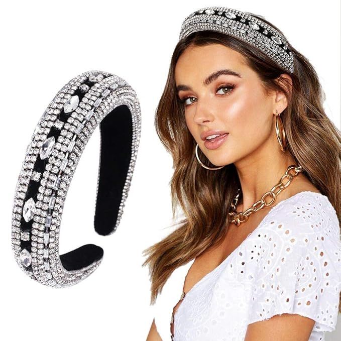 Women Rhinestones Diamond Hairhoop Headbands Girls Fashion Padded Wide Hair Band Hair Accessories | Amazon (US)