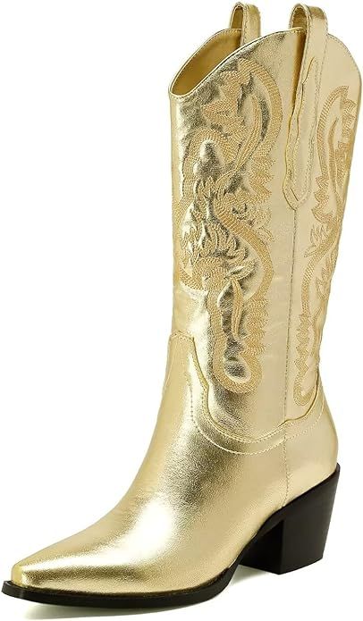 CIERWS Women's Embroidered Western Silver Cowgirl Boots Cowboy Boots Mid Calf Boots Metal PU Medi... | Amazon (US)
