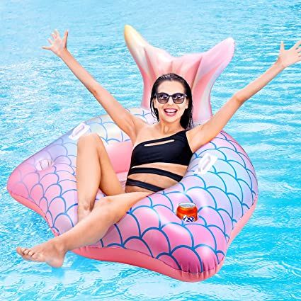Inflatable Pool Float Mermaid Tail Pool Floating Chair with Cup Holders, Backrest, Mesh Bottom an... | Amazon (US)