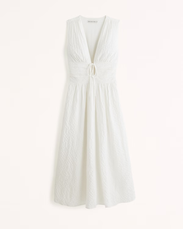 Seersucker Ruched Midi Dress | Abercrombie & Fitch (US)
