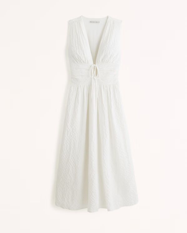 Seersucker Ruched Midi Dress | Abercrombie & Fitch (US)