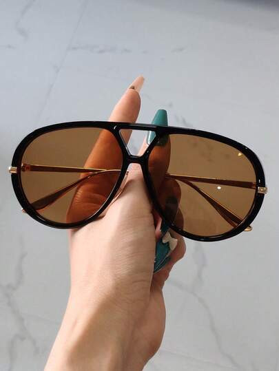 1 Pair Women's Oversized Fashion Glasses, Double Bridge Design, Metal Legs & Multicolor Lenses - Light Luxury Fashion Glasses For Casual And Formal Attire, Accessories, Durable Glasses | SHEIN