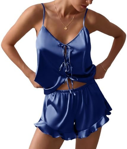 Ekouaer Womens Bow Tie Front Silk Pajamas Sets Satin Cami Lingerie Pjs 2 Piece Ruffle Sleepwear f... | Amazon (US)