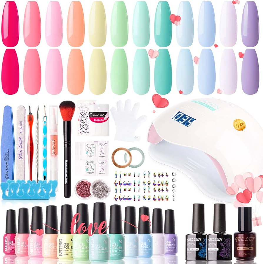 Gellen Gel Nail Polish Kit with U V LED Light 72W Nail Dryer, 12 Gel Nail Polish Colors, No Wipe ... | Amazon (US)