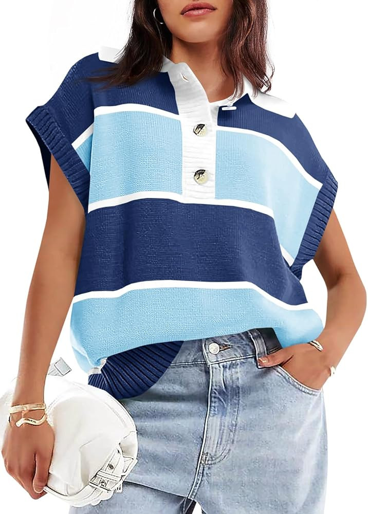 Saodimallsu Women's V Neck Button Down Striped Short Sleeve Knit Sweater | Amazon (US)