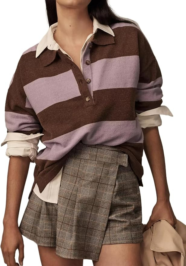 Women Striped Sweater Long Sleeve Lapel Polo V Neck Strip Knit Pullover Casual Layer Top Jumper Y... | Amazon (US)