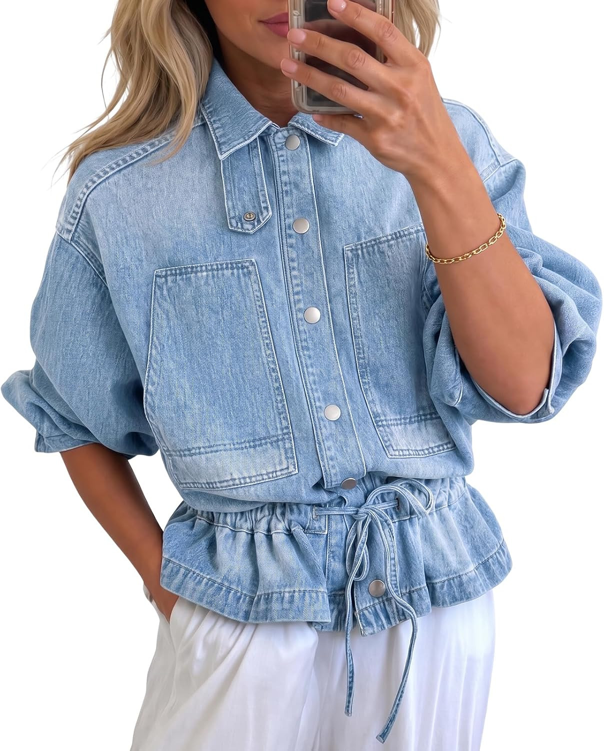 Cicy Bell Women Drawstring Jean Jacket Button Down Collared Denim Shacket | Amazon (US)