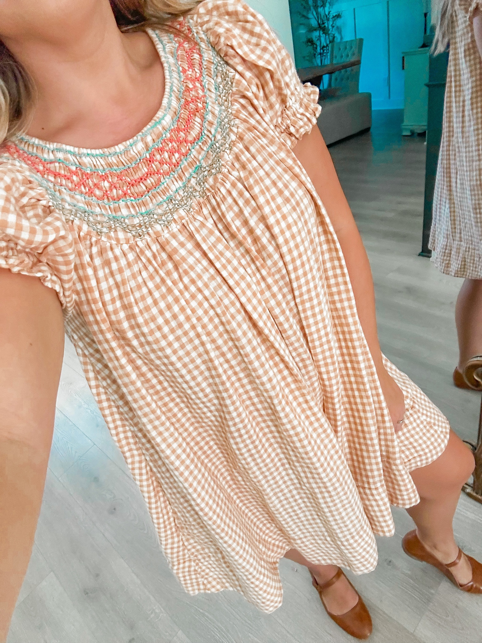 Church outfit of the day. Smocked free people dress size m. Fall mini dress. Free people dress. Fall style. Fall outfit idea. Fall picture dress 