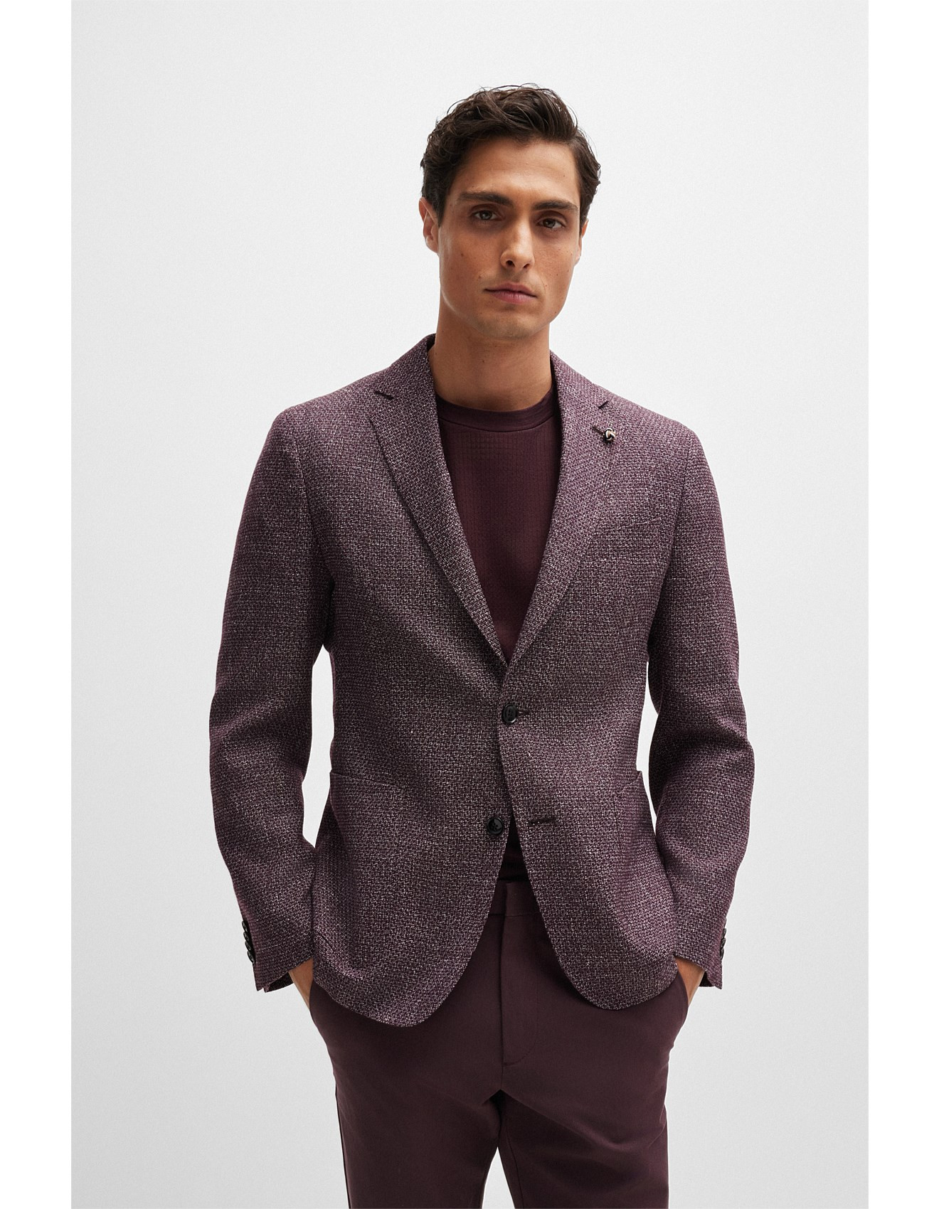 Boss Patterned Slim-fit Jacket In Virgin Wool and Linen Dark Blue | David Jones | David Jones (Australia & New Zealand)