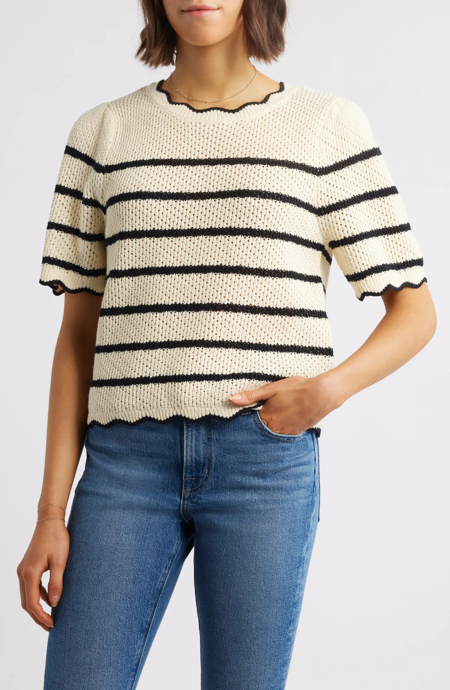 Stripe Scallop Edge Short Sleeve Sweater | Nordstrom