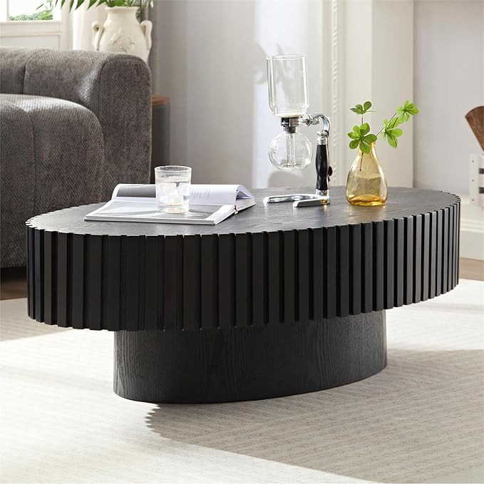 Black Oval Coffee Table Handcraft Fluted Coffee Table Mid Century Modern Coffee Table Wood Drum C... | Amazon (US)