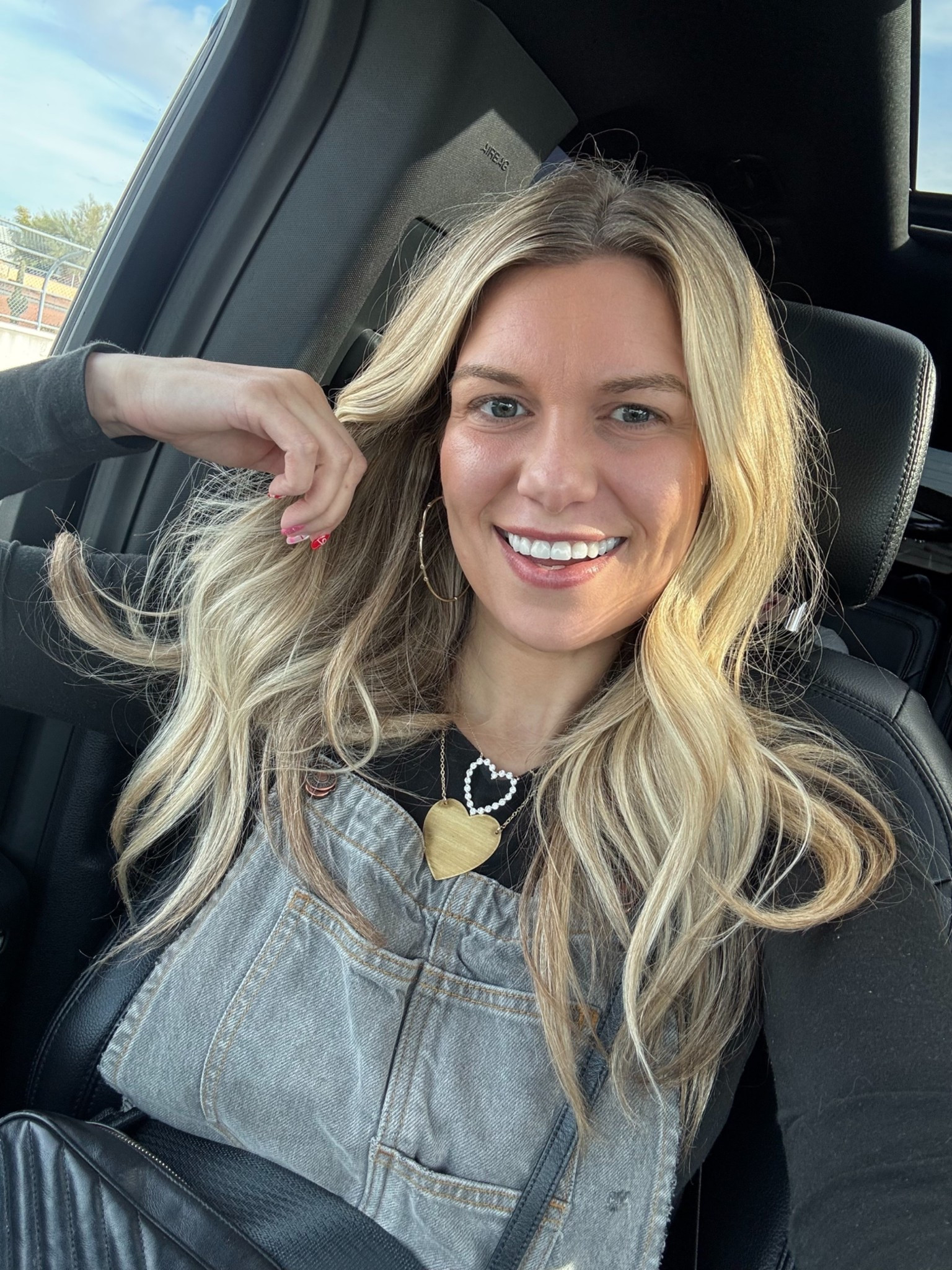 Heart necklace 
Oversized heart necklace 
Free people overalls 
Nuuds bodysuit 

#LTKmomlife #LTKootd #LTKdayinmylife