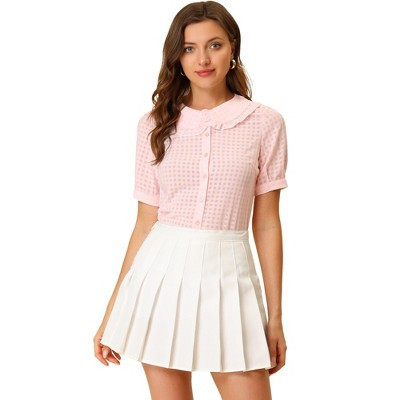 INSPIRE CHIC Women's Peter Pan Collar Contrast Color Trim Gingham Button Up Shirt Pink Medium | Target