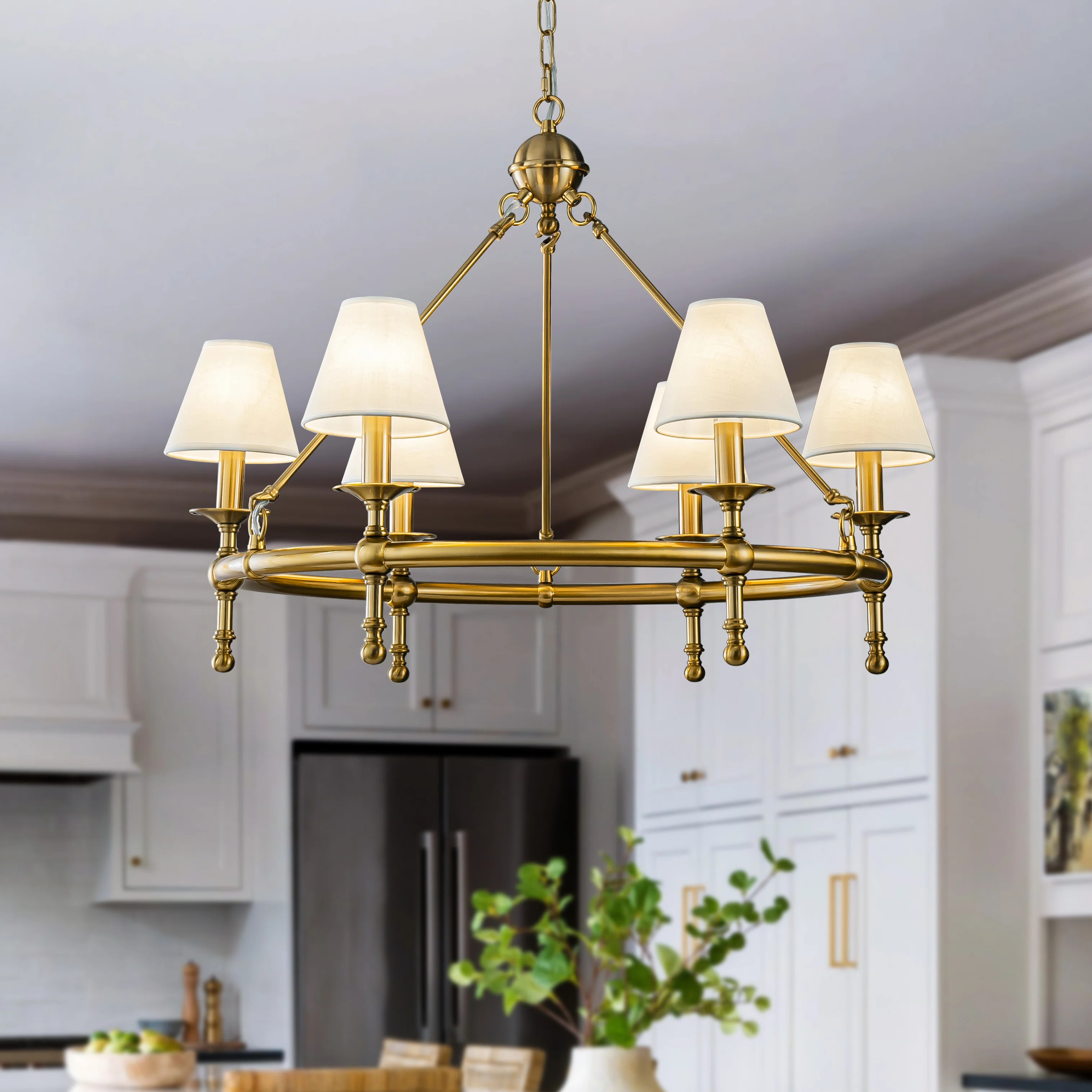 House of Hampton® Abdijabar 6 Light Farmhouse Wagon Wheel Antique Gold Chandelier With White Sha... | Wayfair North America