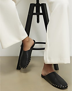 Black Leather Studded Backless Mules | River Island UK & IE