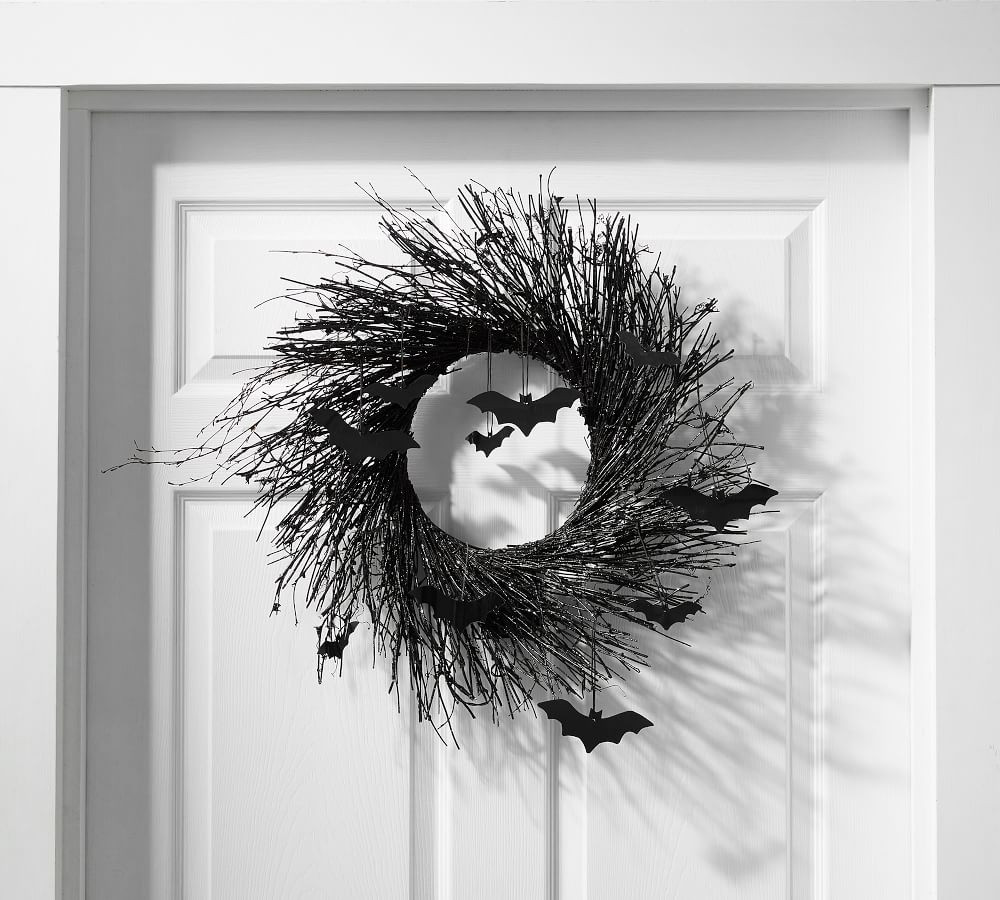 Pre-Lit Black Glitter Branch Wreath and Garland with Bats | Pottery Barn (US)