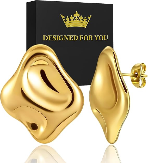 Chunky Gold Stud Earrings for Women fashion, 14k Gold Plated Hypoallergenic Statement Earrings, D... | Amazon (US)