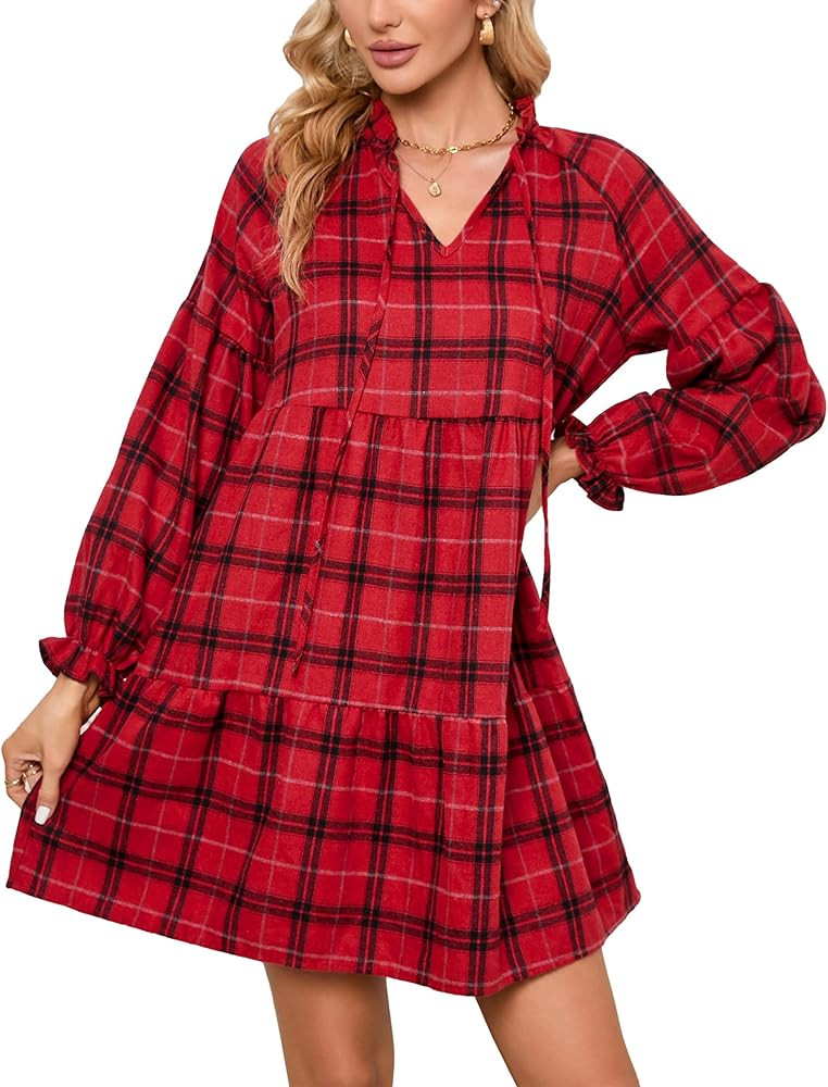 BLUEMING Women Long Sleeve V Neck Dress Plaid Casual Loose Tiered Babydoll Ruffle Flowy Swing Shi... | Amazon (US)