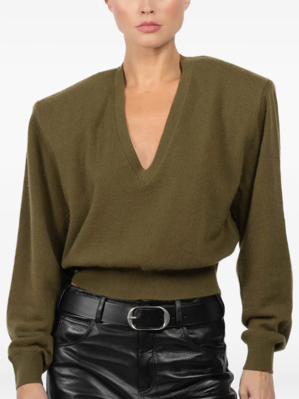 Ronny Kobo Landen V-neck shoulder-pads sweater - Green | Farfetch Global