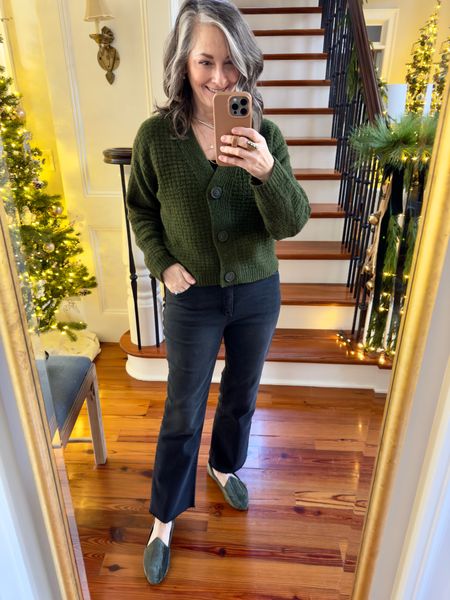 Casual outfit for  the holidays! This sweater has been on repeat. I have it in 2 colors. Size small. Quince tank underneath. Tank runs small! I’m wearing a large. #quince #target #birdies 

#LTKSeasonal #LTKover40 #LTKHoliday