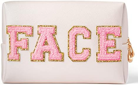 Y1tvei Preppy Patch FACE Letter Cosmetic Toiletry Bag PU Leather Portable Makeup Bag Sewn with Cheni | Amazon (US)