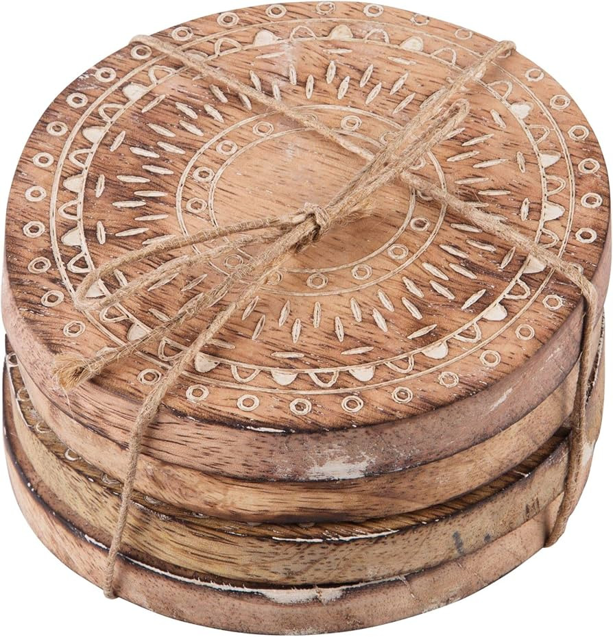 Home Essentials Artisan Market Whitewash Etched Wood Round Coasters Set of 4 | Amazon (US)
