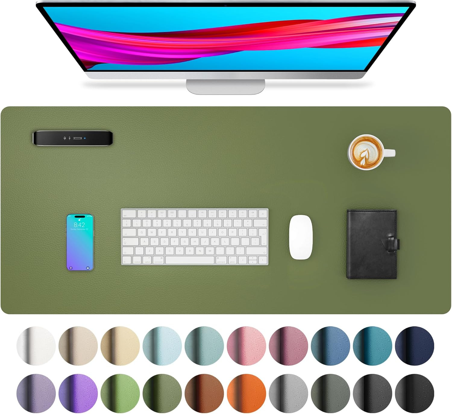 Aothia Desk Protector Mat, Mouse Pad, Non-Slip Waterproof PU Leather Desk Blotter, Laptop, Writing for Office and Home (23.6" x 13.7", Olive Green) | Amazon (US)