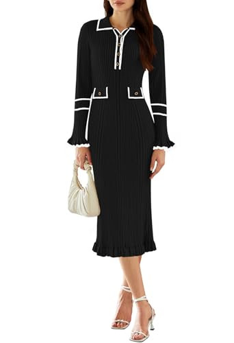 Pink Queen Women's Long Sleeve Fall Sweater Dress Elegant Color Block Ribbed Cocktail Party Dress Half Button Down V Neck Sheath Dresses Outfit Black S | Amazon (US)