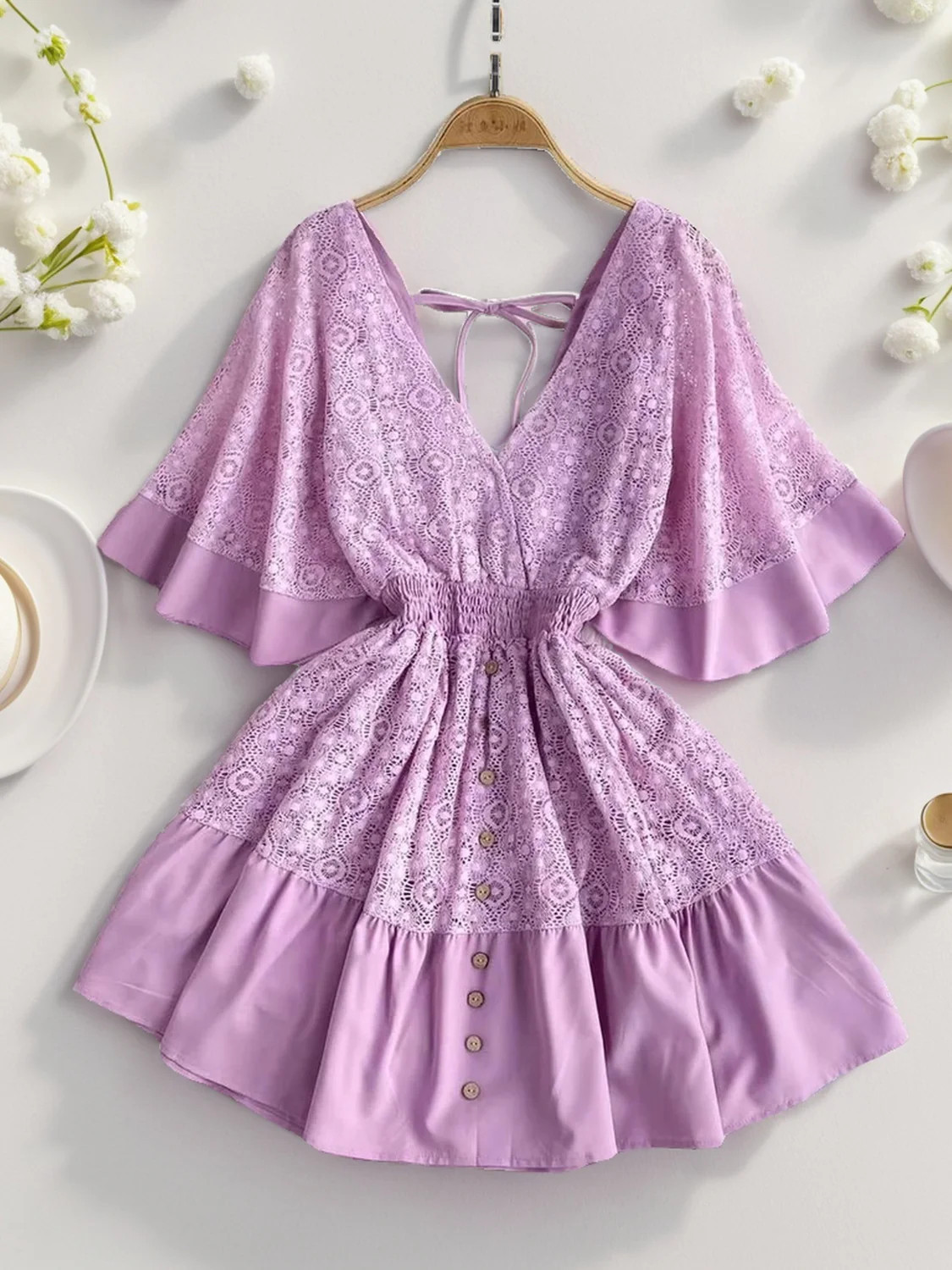 Lace Cutout Half Sleeve Mini Dress Lavender / L | Casual Chic Boutique
