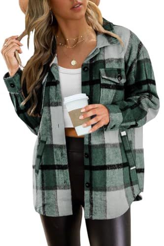 AUTOMET Womens Fall Fashion 2024 Flannel Plaid Button Down Shirts Corduroy Jackets Trendy Clothes Shacket with Pockets Winter Top Green M | Amazon (US)