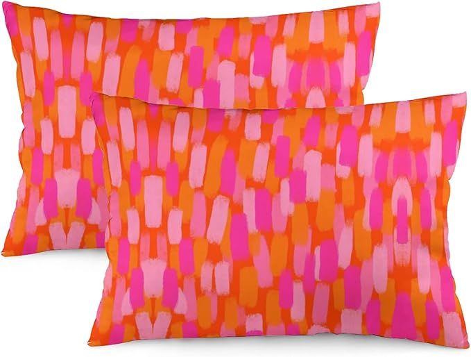 Set of 2 Abstract Retro 70s Pink Orange Paint Brush Throw Pillow Covers 12"X20" Aesthetic Throw P... | Amazon (US)