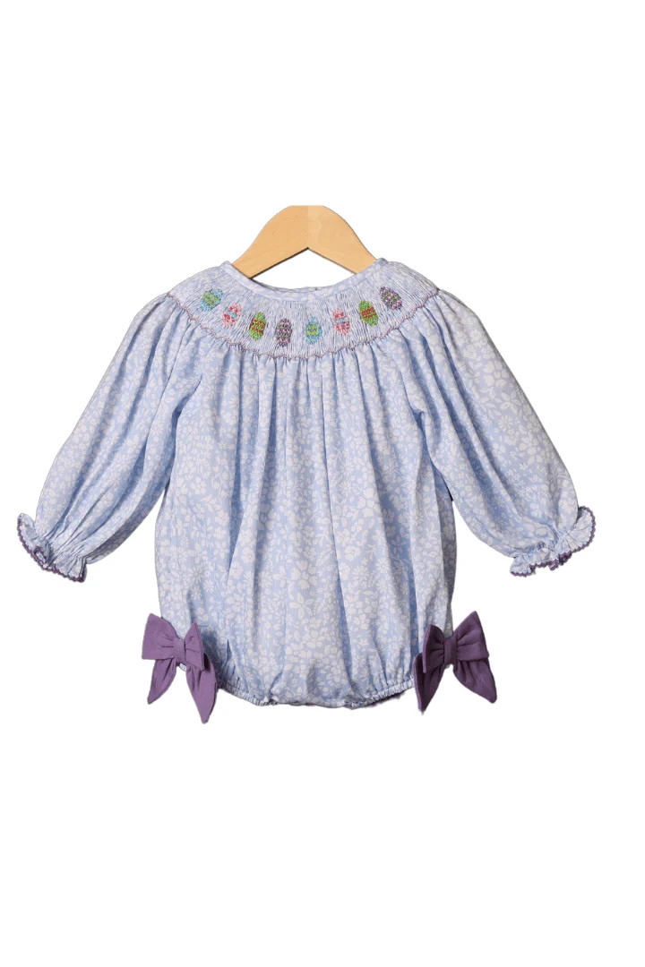 Smocked Easter Egg Blue Floral Bow LONG Sleeve Bubble | The Smocked Flamingo