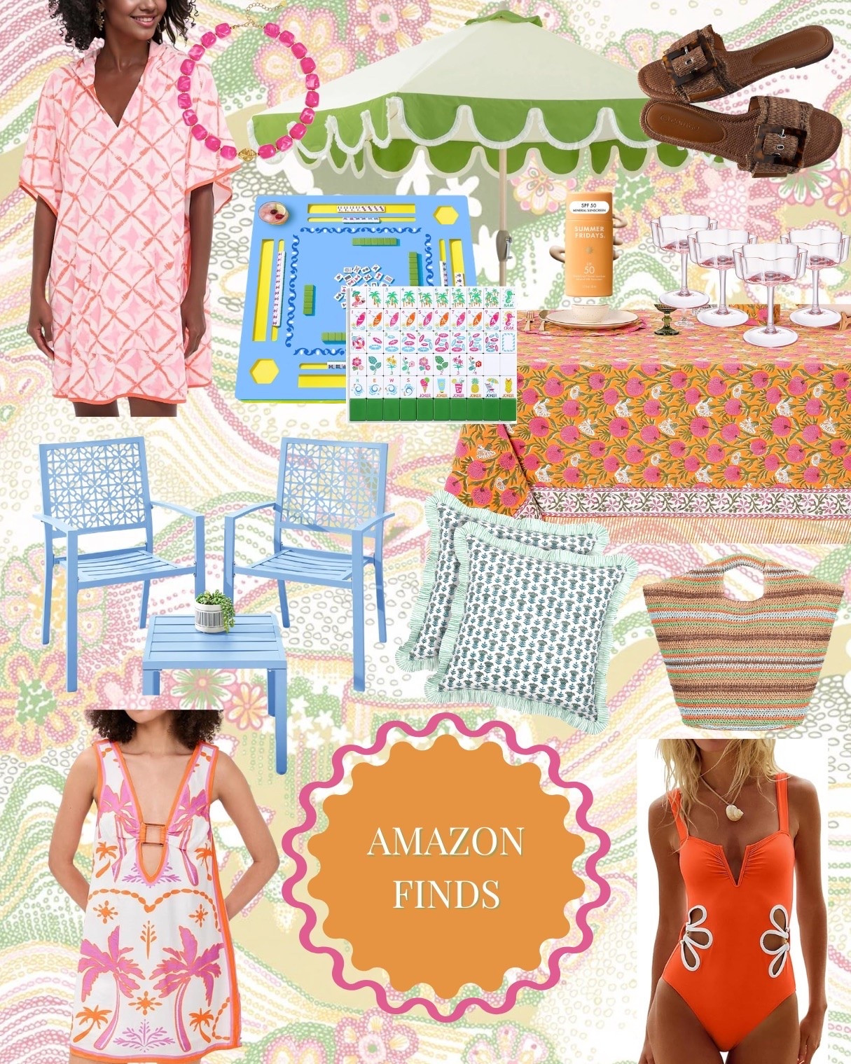 Ready for summer colors, textures, and vacations! I’ve been saving Amazon finds left and right, so I figured it was time for a new roundup of finds and favorites 💕🐠☀️

Summer fashion, bathing suit, swimsuit, coverup, affordable Amazon finds, summer entertaining, tablescape, mahjong