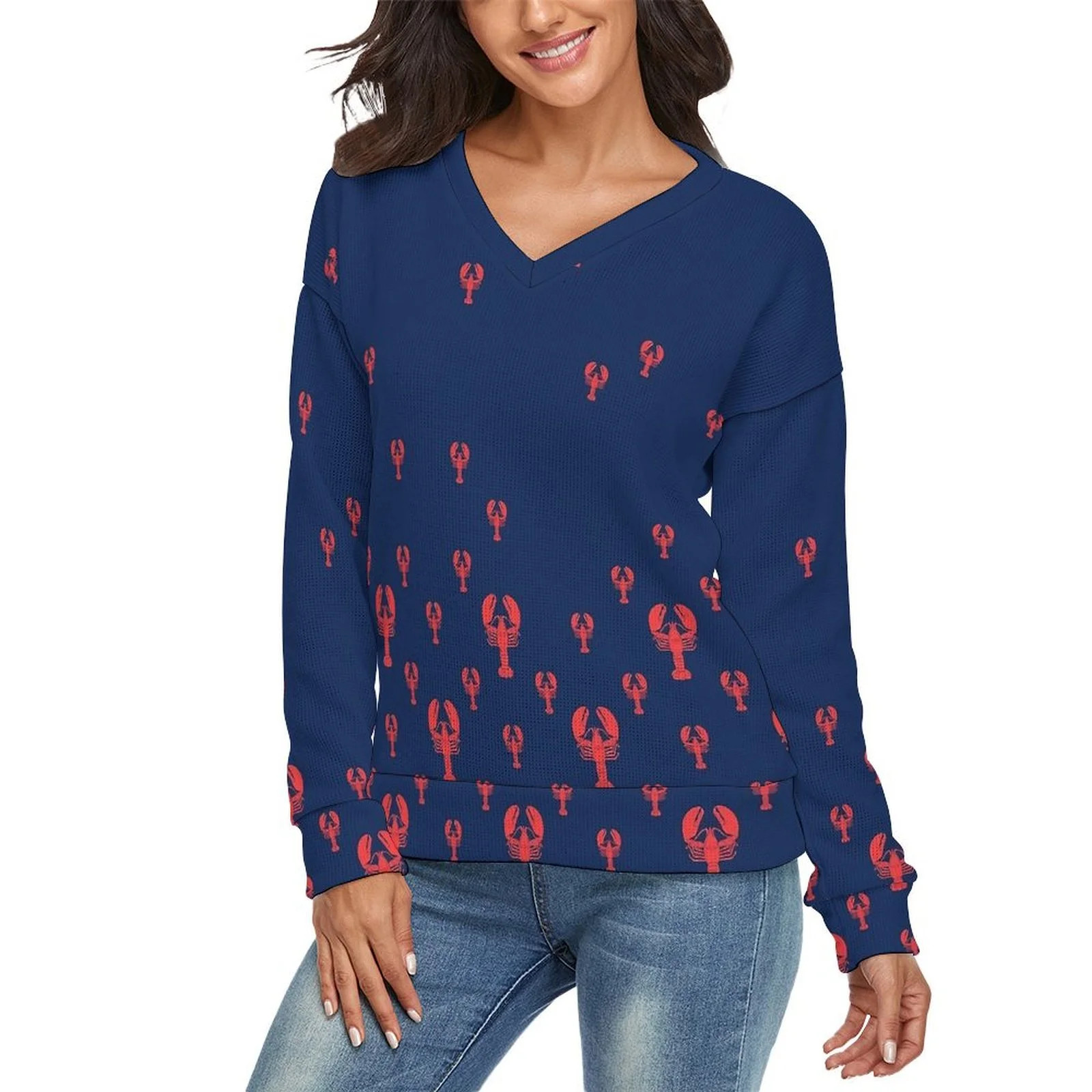 Lobster Squadron on Navy V-neck Sweater Winter Clothes Long Sleeve Knitwear Sweater Women's Pullo... | Walmart (US)
